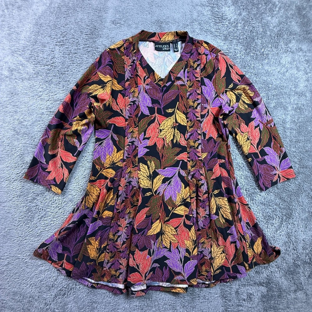 Attitudes by Renee XS Fall Leaves Midi Dress Pullover 3/4 Sleeve Purple Colorful